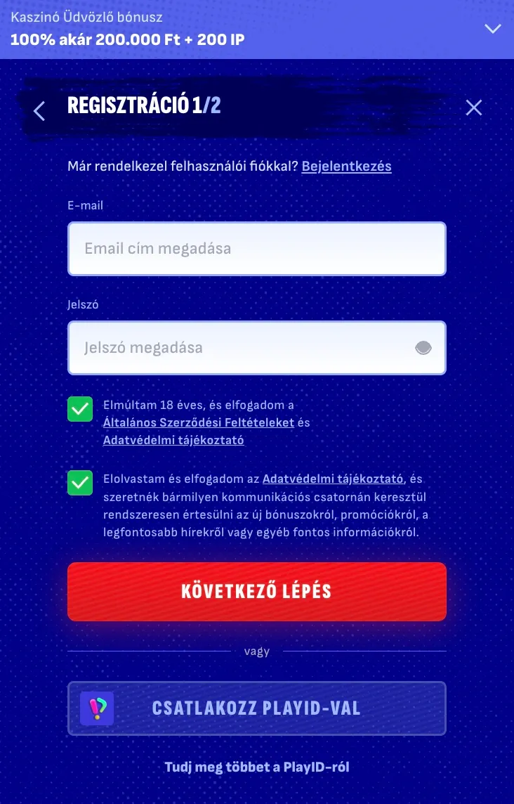 Regisztrációs űrlap a Bankonbet